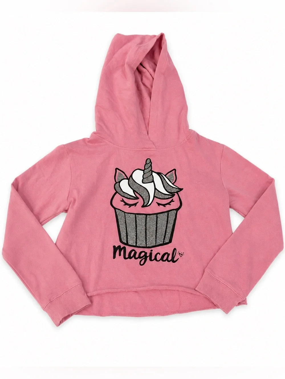 JUSTICE Magical Unicorn Cupcake Hoodie Pink Glitter Raw Hem Sweats | Girls Sz 10